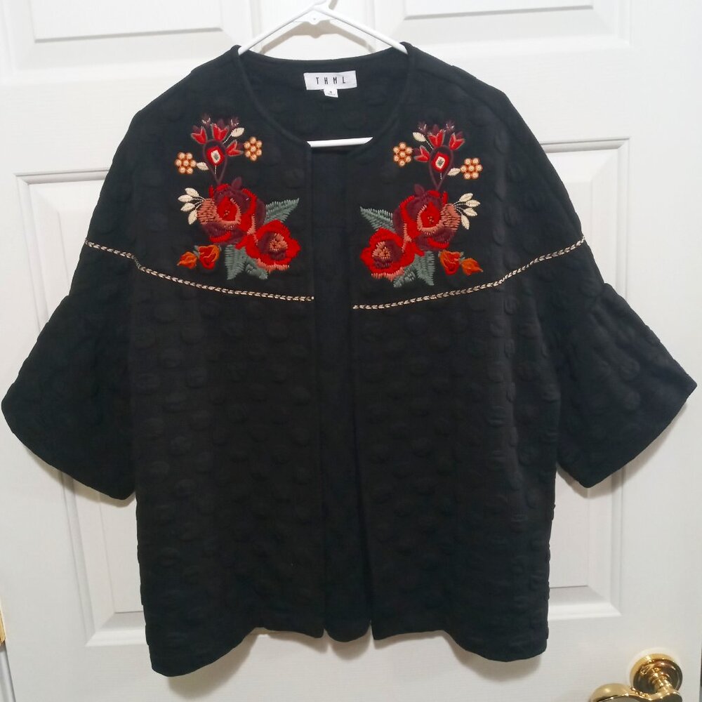 THML Quilted Embroidered Floral Open Jacket Black